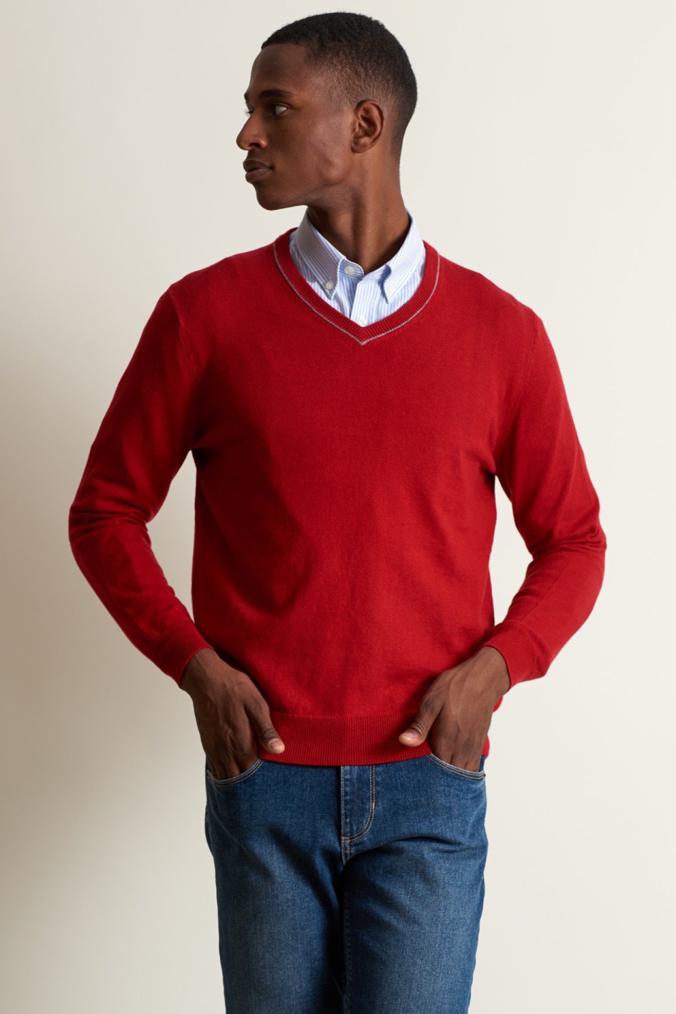 Pullover de algodão e caxemira com decote em V