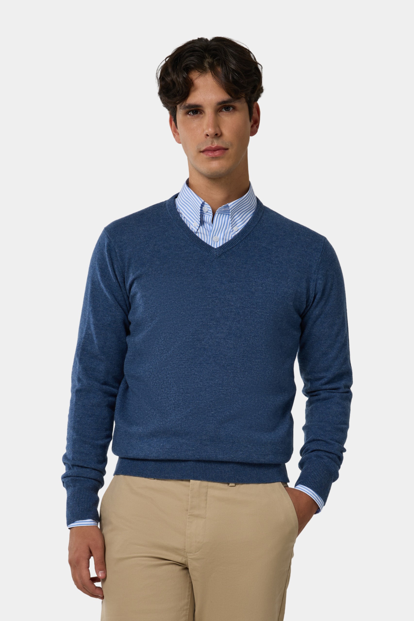Jersey de cuello en V con lana azul