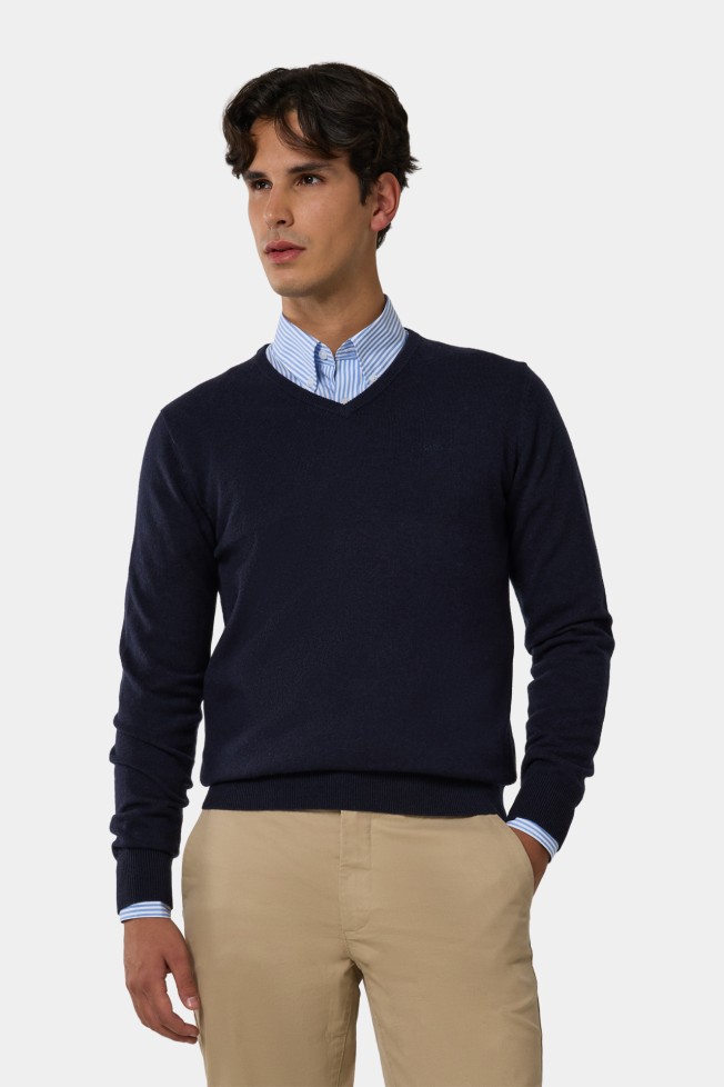Camisola decote V com lã azul-marinho Camisola decote V com lã azul-marinho