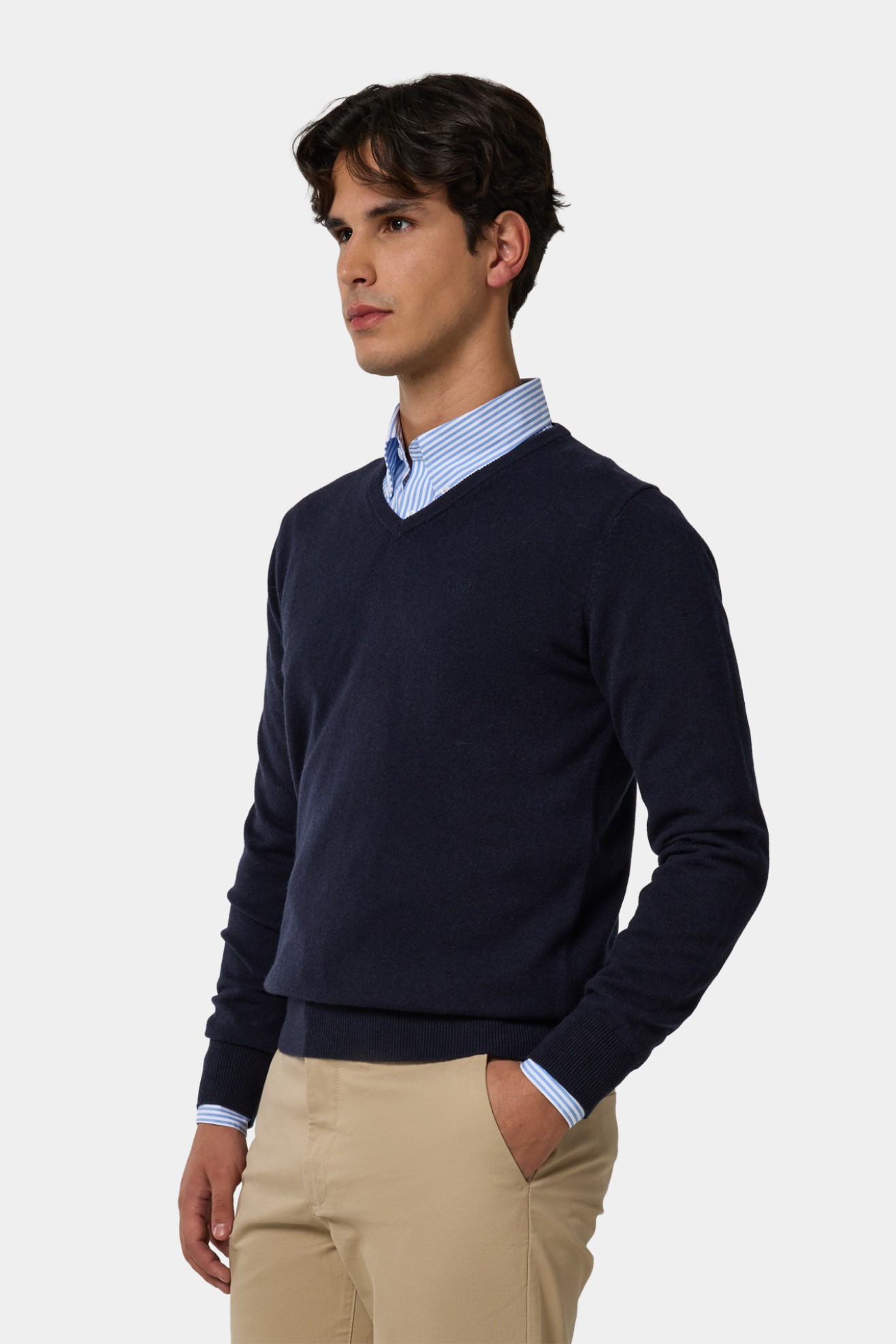 Camisola decote V com l� azul-marinho