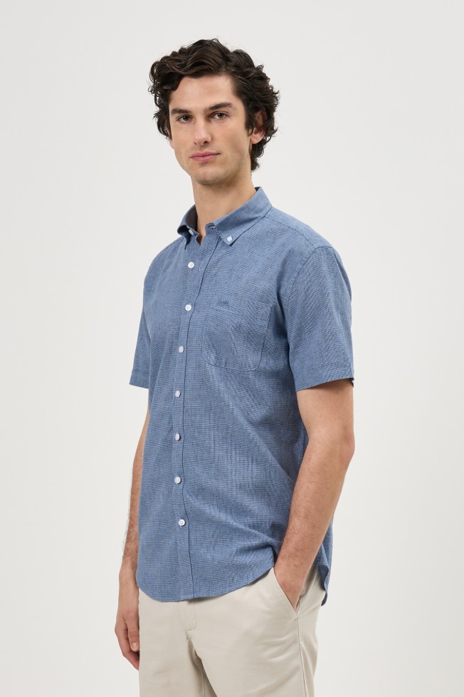 Camisa micro xadrez em linho e algod�o