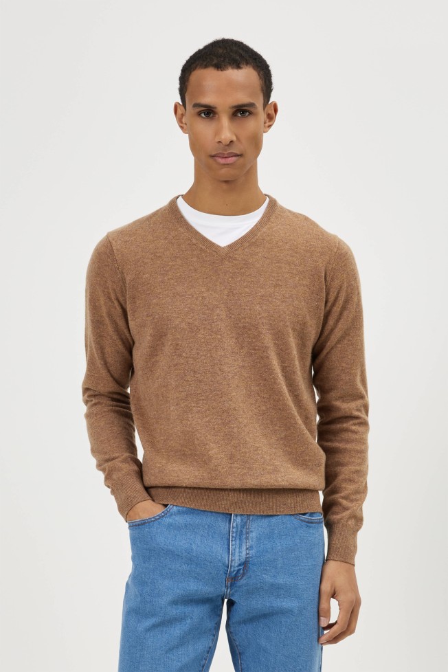 Jersey con cuello en V de lana marr�n