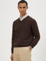 Camisola decote V com l� castanho-escuro