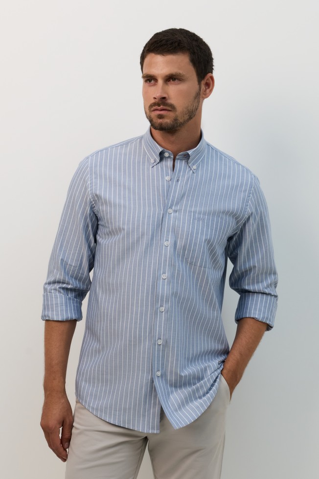 Camisa azul �s riscas regular fit